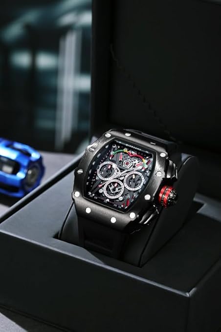 Multifunction Watch for Men with Day, Date, and 24-Hour Sub-Dial, Water Resistant Square Dial Unique Design