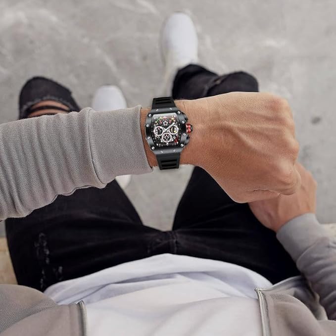 Multifunction Watch for Men with Day, Date, and 24-Hour Sub-Dial, Water Resistant Square Dial Unique Design