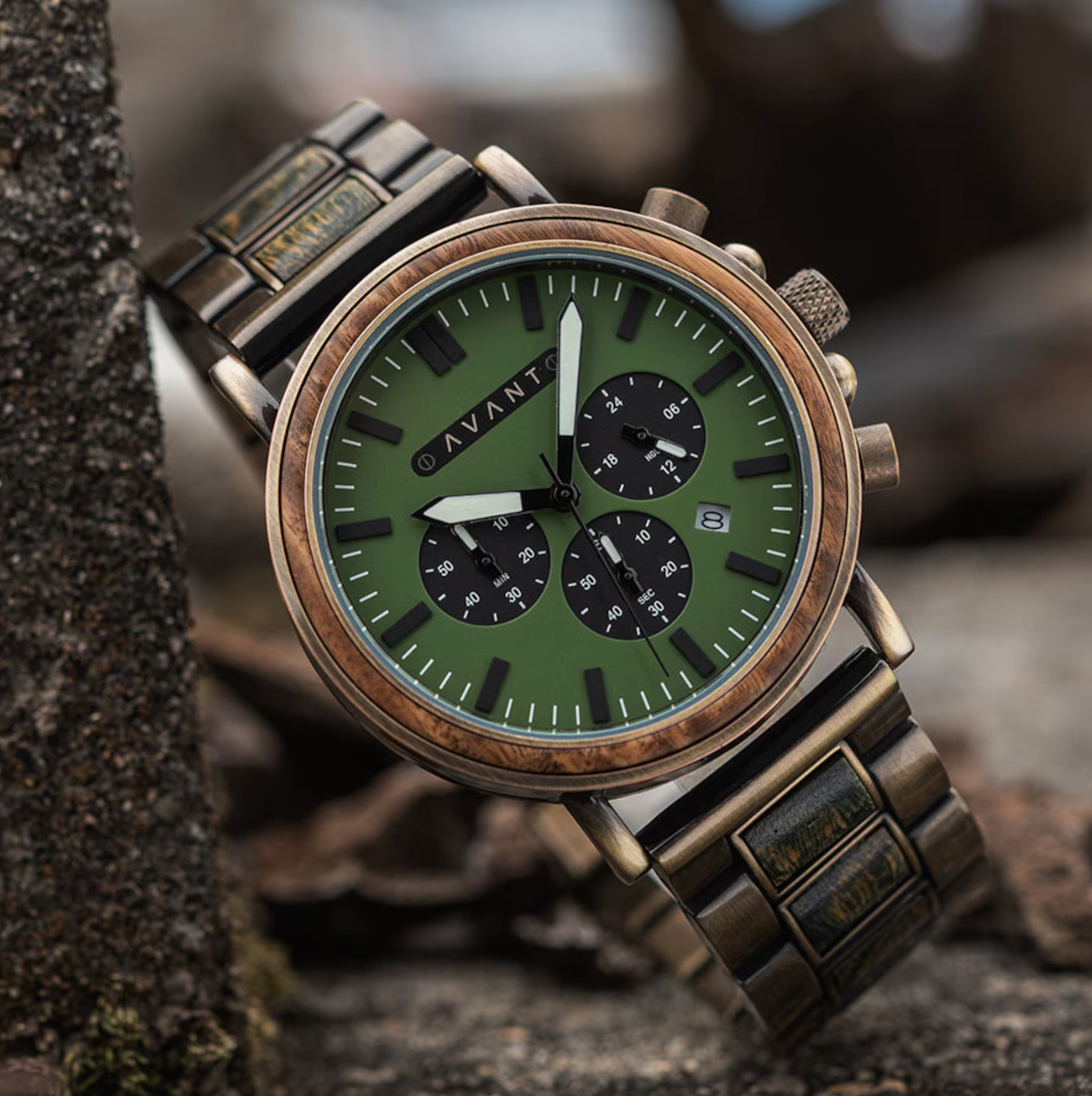 Wood Watch; Explorer S - 44mm (Green Sandalwood & Brass Steel), For Men, Personalized Gift, Custom Engraving, Anniversary Gift, AVANTwatches