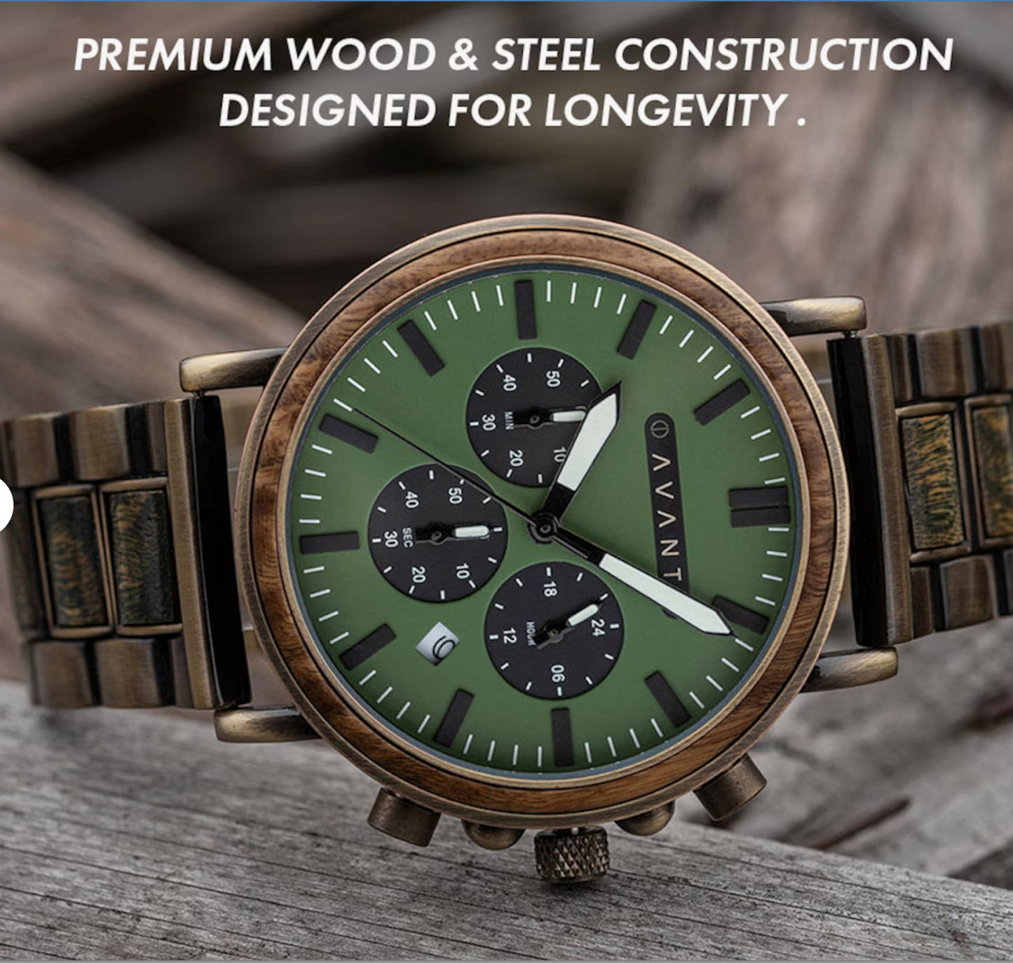 Wood Watch; Explorer S - 44mm (Green Sandalwood & Brass Steel), For Men, Personalized Gift, Custom Engraving, Anniversary Gift, AVANTwatches