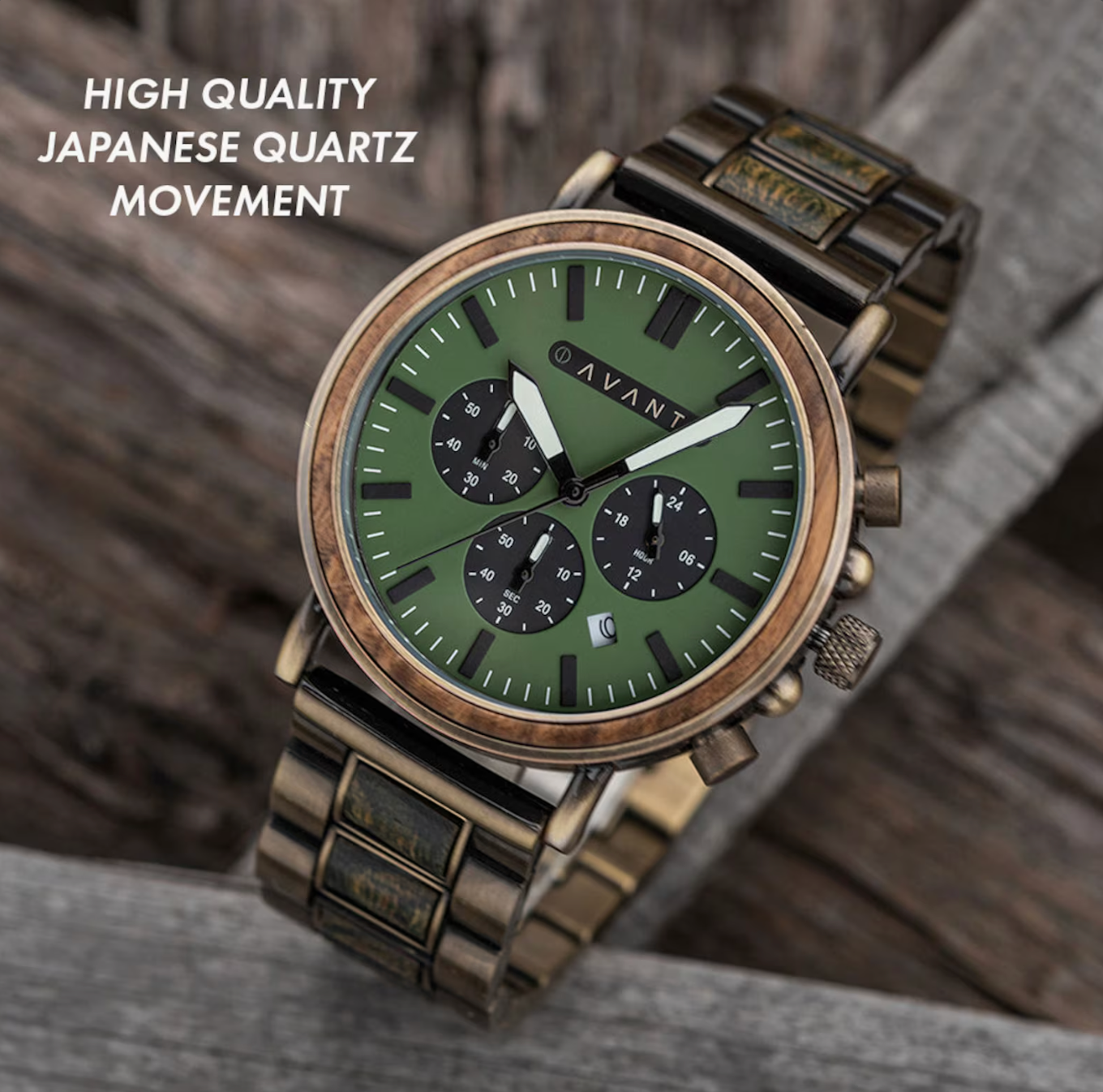 Wood Watch; Explorer S - 44mm (Green Sandalwood & Brass Steel), For Men, Personalized Gift, Custom Engraving, Anniversary Gift, AVANTwatches
