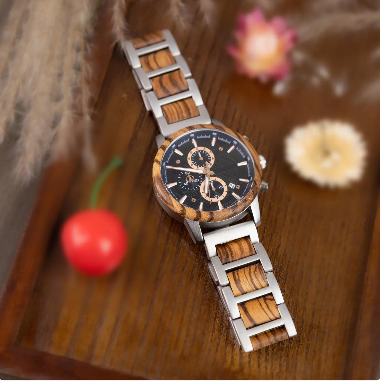 Engraved Whiskey Barrel Wood Watch - Unique Gift for Man, Limited Edition Vintage Chronograph Design