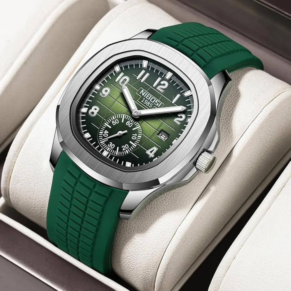 Green & Silver Quartz Analog Watch With Silicone Strap For Men