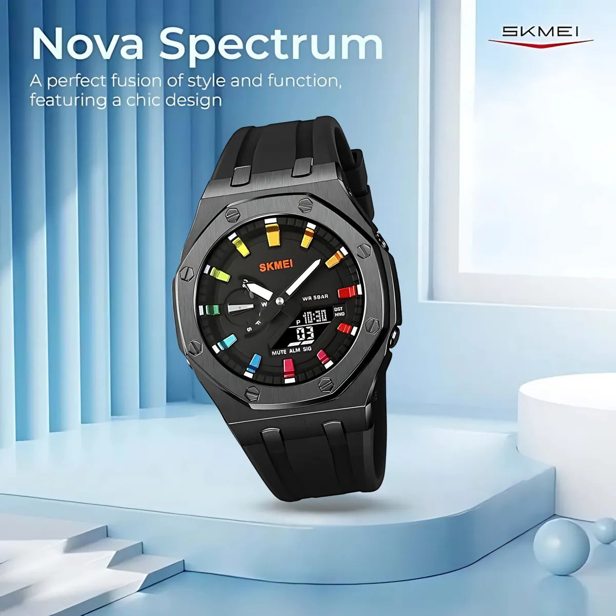 Black Dual Display Stainless Steel Watch for Men