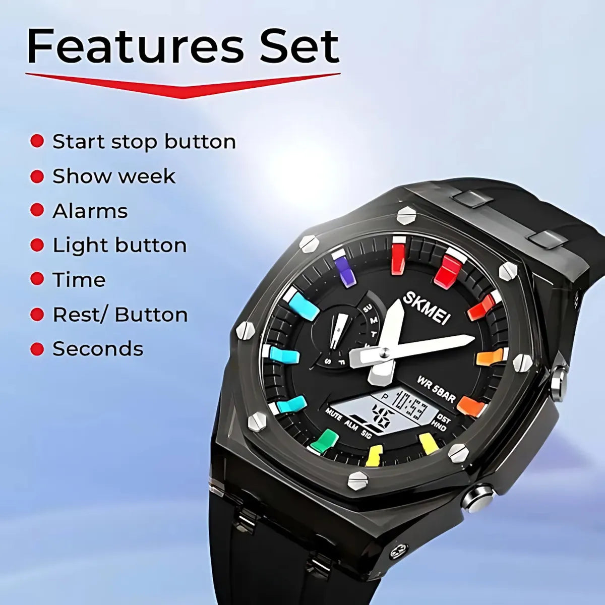 Black Dual Display Stainless Steel Watch for Men