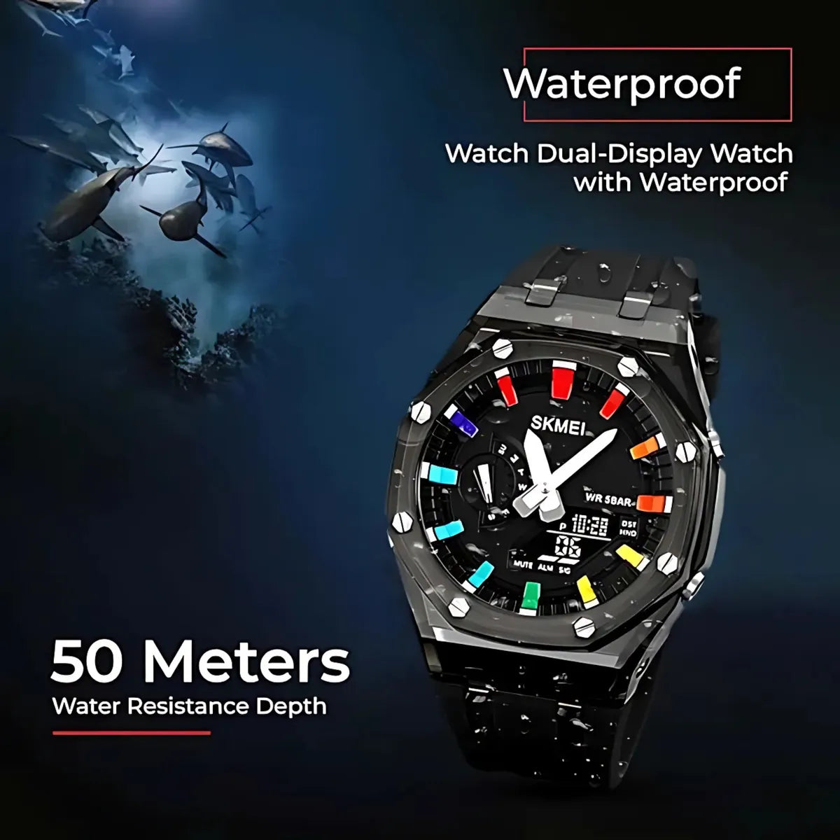 Black Dual Display Stainless Steel Watch for Men