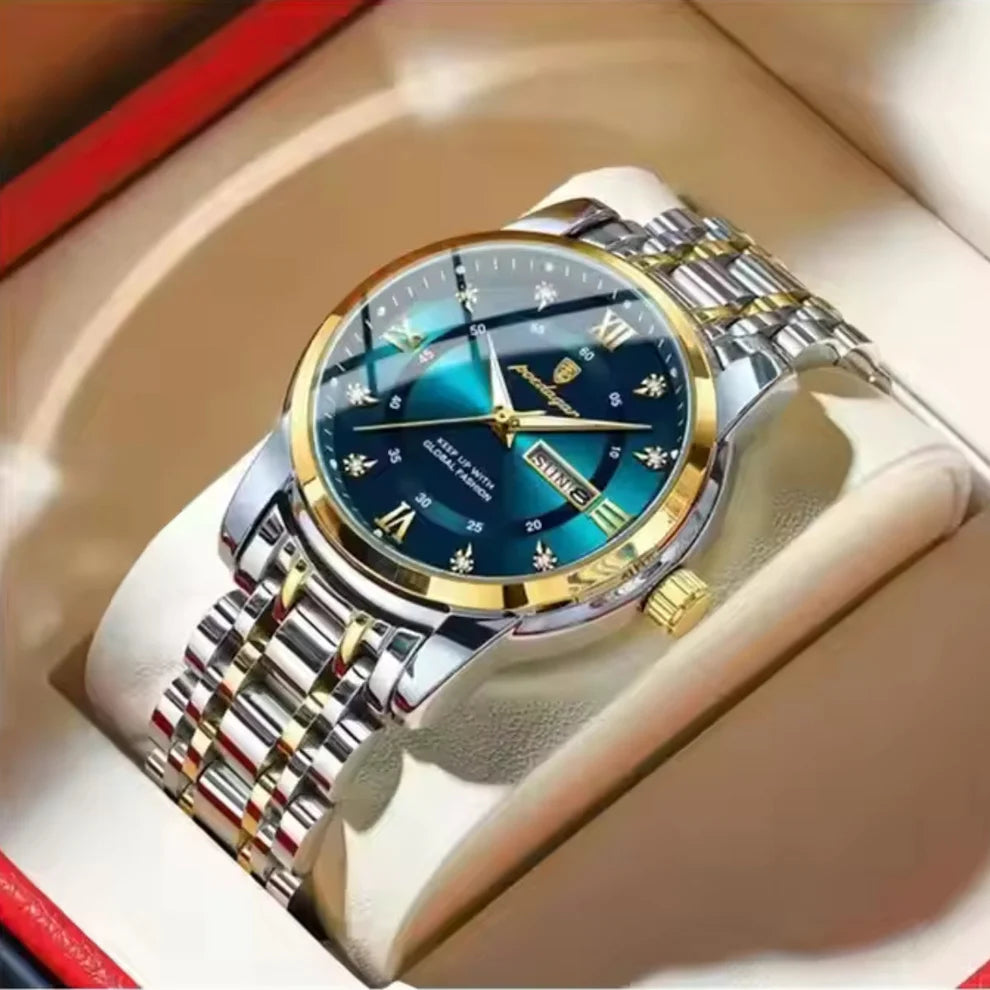 Gold Luxury Quartz Business Stainless Steel Dual Calendar Watches