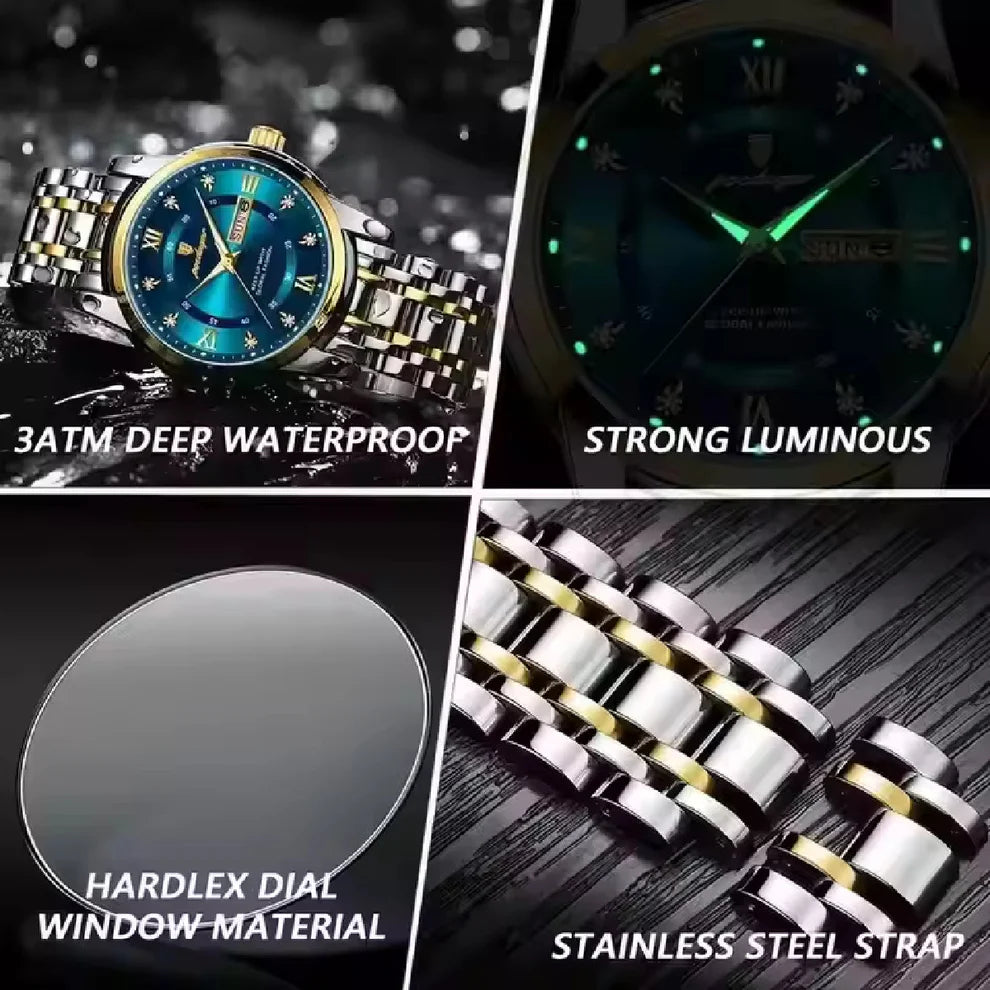 Gold Luxury Quartz Business Stainless Steel Dual Calendar Watches