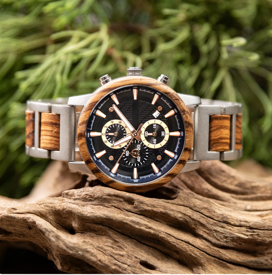 Engraved Whiskey Barrel Wood Watch - Unique Gift for Man, Limited Edition Vintage Chronograph Design