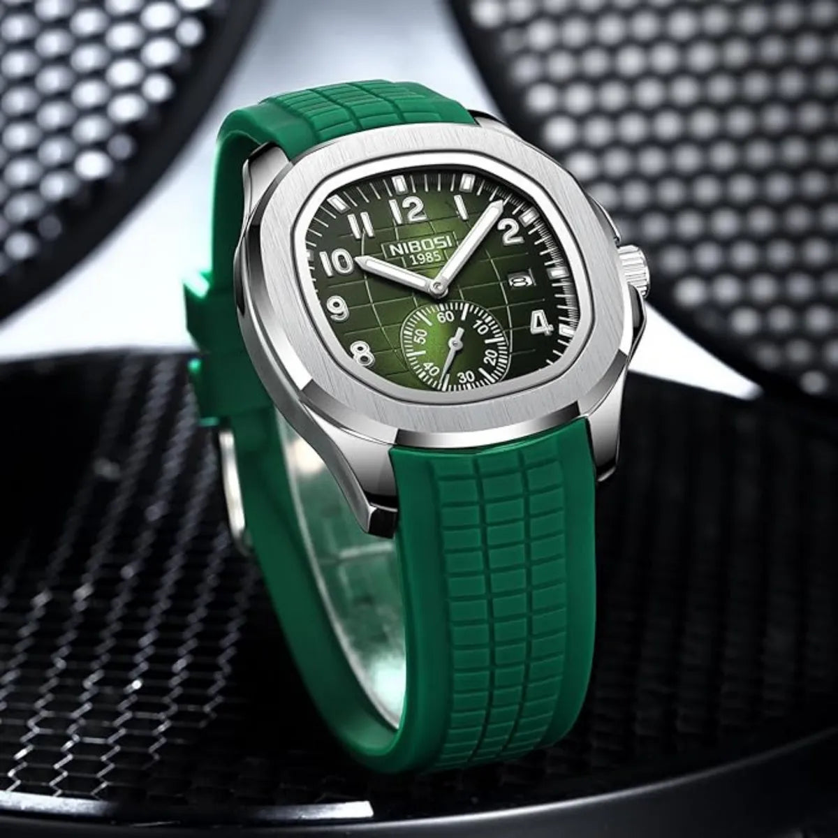 Green & Silver Quartz Analog Watch With Silicone Strap For Men