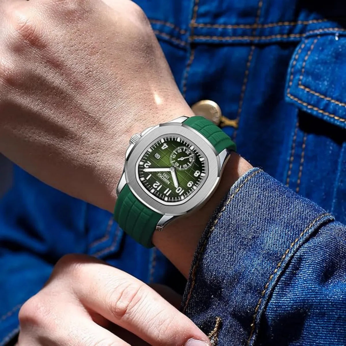 Green & Silver Quartz Analog Watch With Silicone Strap For Men