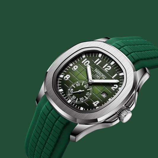 Green & Silver Quartz Analog Watch With Silicone Strap For Men