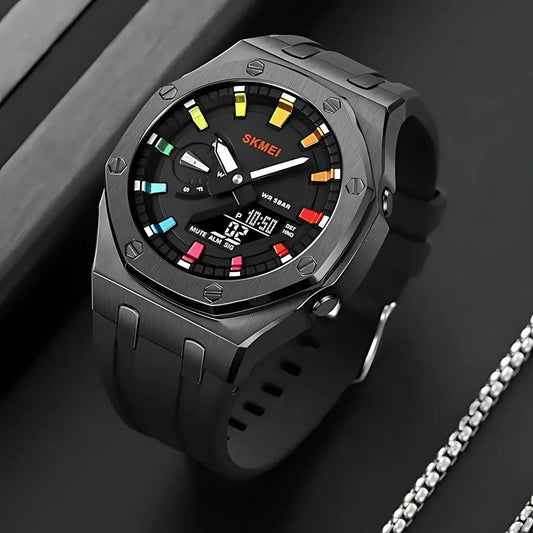 Black Dual Display Stainless Steel Watch for Men